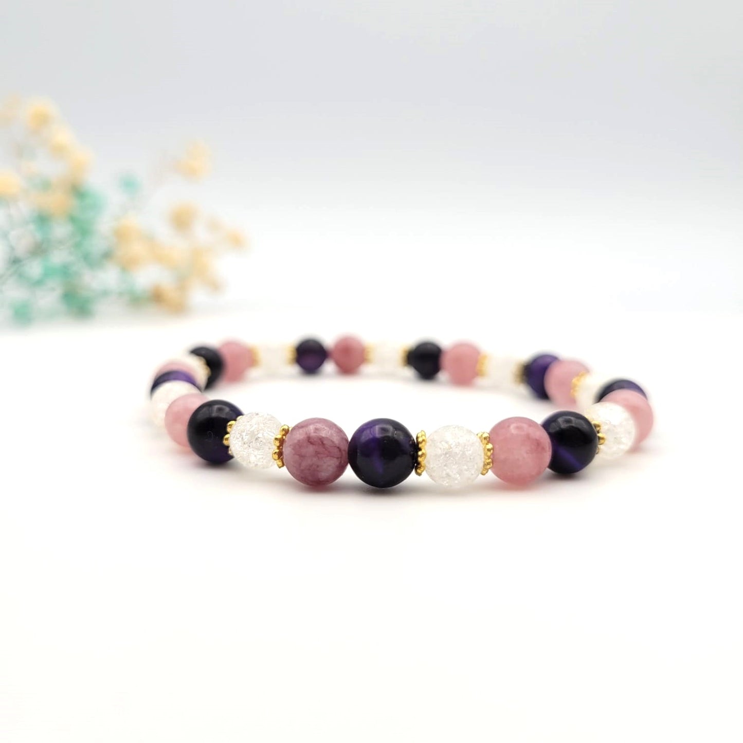 Bracelet Oeil de tigre violet - Quartz fraise - Quartz craquelé